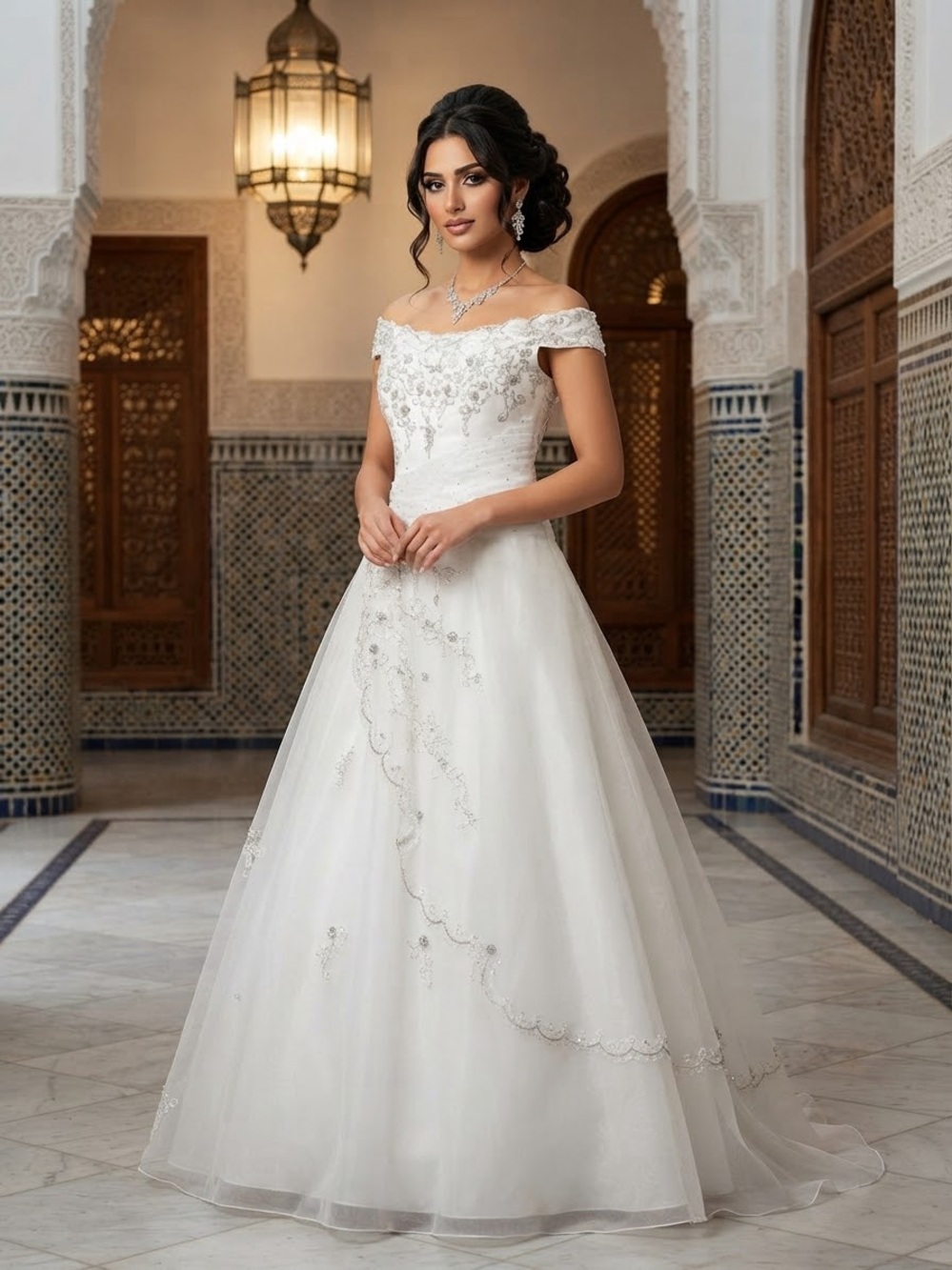Mary’s Off-Shoulder White A-Line Bridal Dress with Embellished Bodice size 4